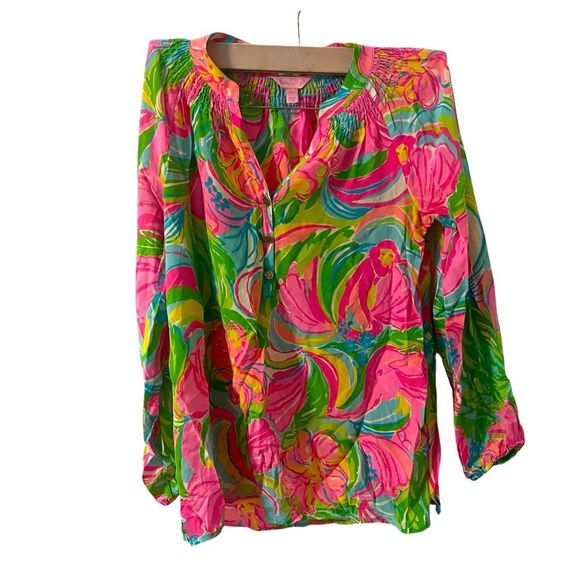 Lilly Pulitzer ELSA TOP 100% Silk Blouse Floral Size XXS - Picture 1 of 16